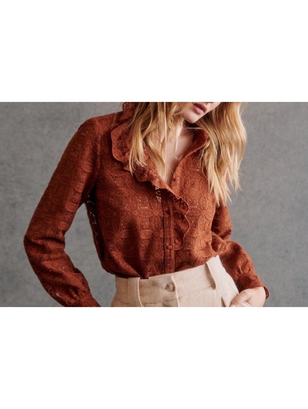 Sezane Chlo Shirt in Chocolate Guipure, Size M, Organic cotton